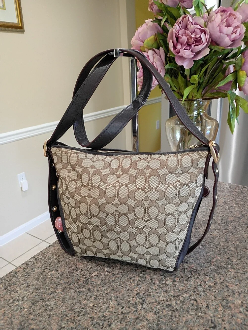Coach Khaki and Brown Signature Canvas Shoulder Bag
